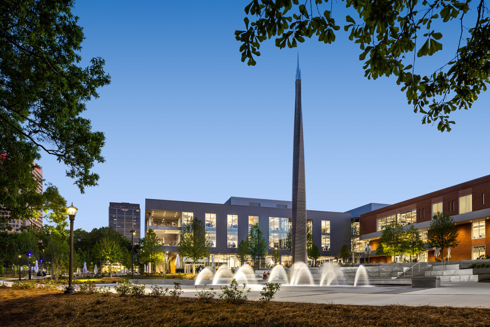 Campanile outside of the Student Center at night