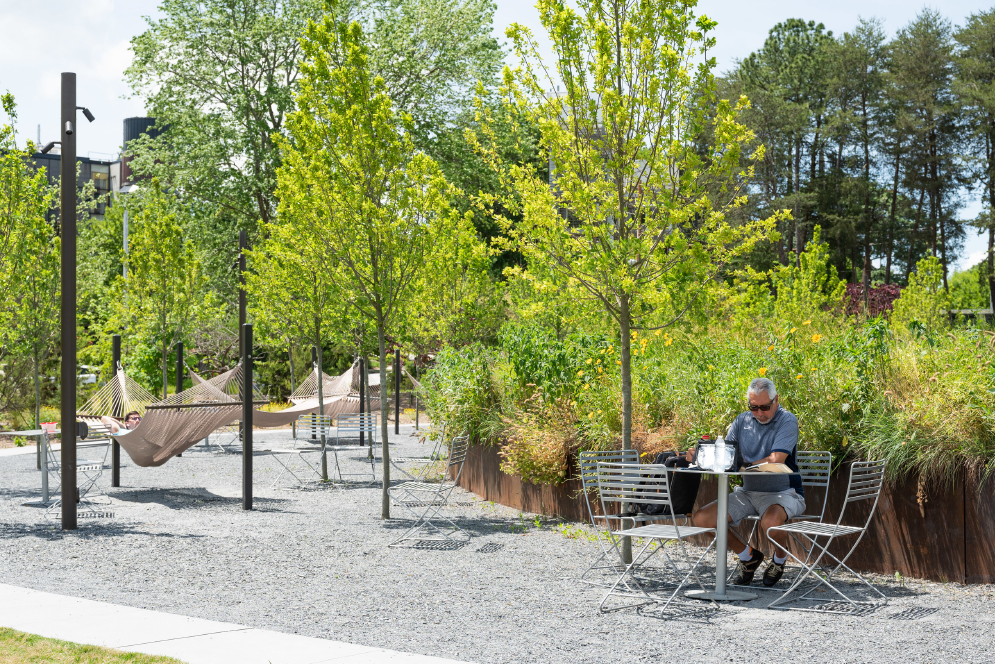 image of a person studying at a table near trees on Georgia Tech campus